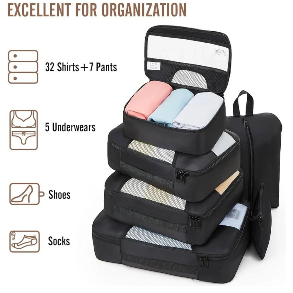 Black Makeup Organizer Set with Packing Cubes and Hanging Toiletry Bag